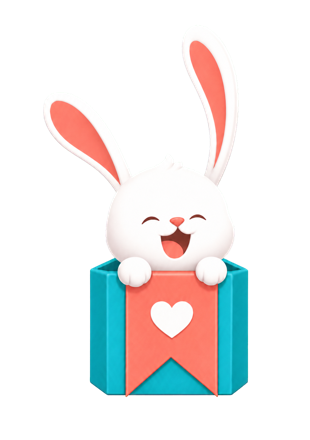 A cheerful MyWish rabbit popping out of a gift box