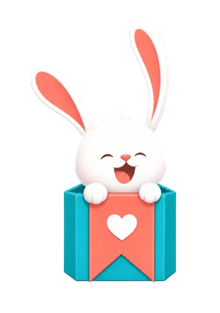 A cheerful MyWish rabbit popping out of a gift box